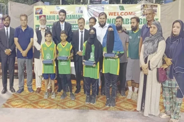 sswmb s tariq ali nizamani is seen with the four recipients of ilyas shakir award for their outstanding performance in the basketball camps also seen in the picture are director sports ghulam mohammad khan kbba president ghulam abbas jamal sja secretary mohammad rafiq and others photo kbba