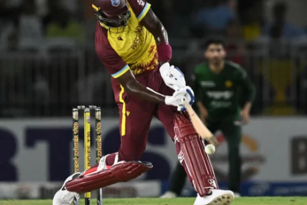 jason holder of the west indies hits a four on the final ball to give the hosts a two wicket win over pakistan in their second t20i match at lauderhill florida to level to series at one win each photo afp