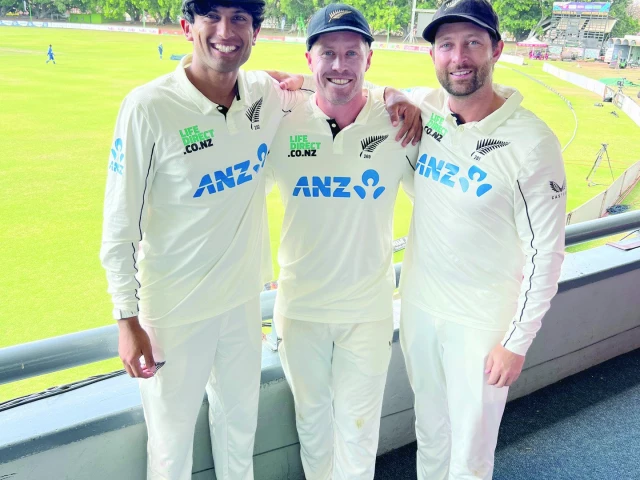 rachin ravindra henry nicholls and devon conway pose for a picture after creating history with a test innings featuring three 150 scores for new zealand photo official blackcaps x com page