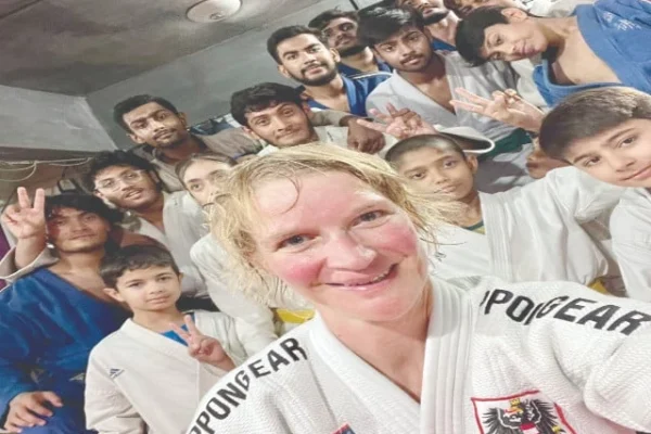 austrian judoka sabrina filzmoser with young athletes during the training session at a judo club in hyderabad sindh photo courtesy pjf