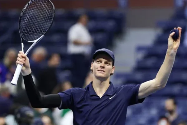 jannik sinner celebrates after defeating lorenzo musetti in three sets on thursday night in the us open quarter finals photo afp