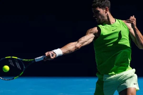 carlos alcaraz of spain in action against corentin moutet of france in the third round of the men s singles at the australian open at rod laver arena in melbourne park photo reuters