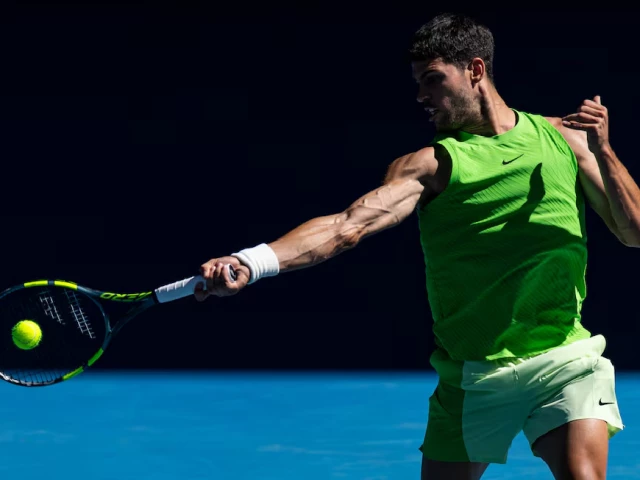 carlos alcaraz of spain in action against corentin moutet of france in the third round of the men s singles at the australian open at rod laver arena in melbourne park photo reuters