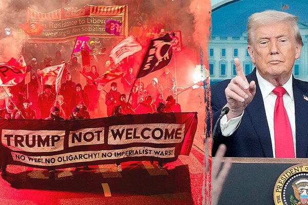 American flags torched, riot police clash with protesters ahead of Trump Davos arrival