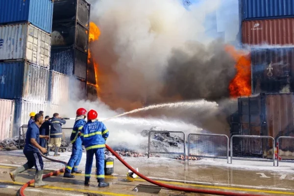 firefighters battle a blaze at karachi port s west wharf terminal on january 16 2026 photo express