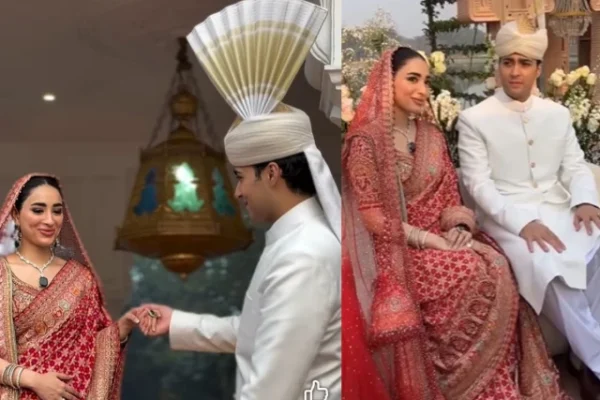 junaid safdar son of punjab chief minister maryam nawaz sharif poses with his bride shanzeh ali during their nikah ceremony held in lahore on saturday photo express