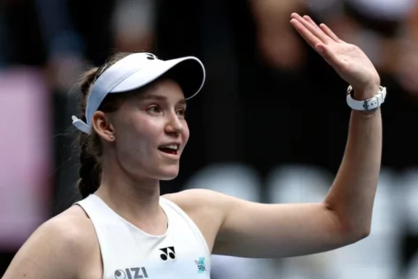 kazakhstan s elena rybakina celebrates after winning her quarter final match against poland s iga swiatek photo reuters