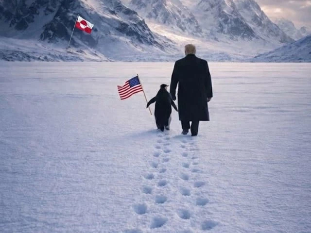 in the ai generated graphic trump is shown walking beside a penguin holding a u s flag toward snowy mountains with the greenland flag planted in the distance captioned embrace the penguin photo instagram whitehouse