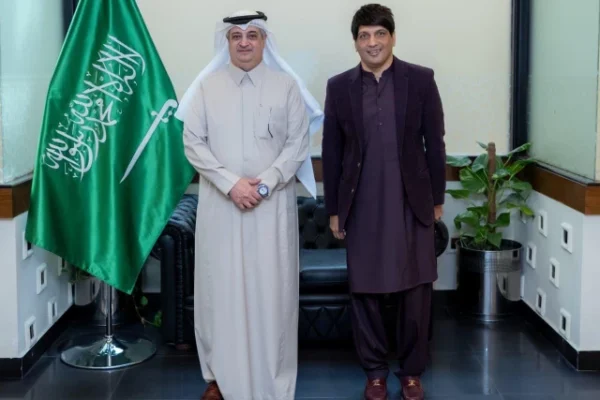 syed mohsen gilani president of the pakistan football federation is meeting nawaf bin saeed al maliki ambassador of saudi arabia to pakistan