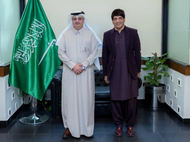 syed mohsen gilani president of the pakistan football federation is meeting nawaf bin saeed al maliki ambassador of saudi arabia to pakistan