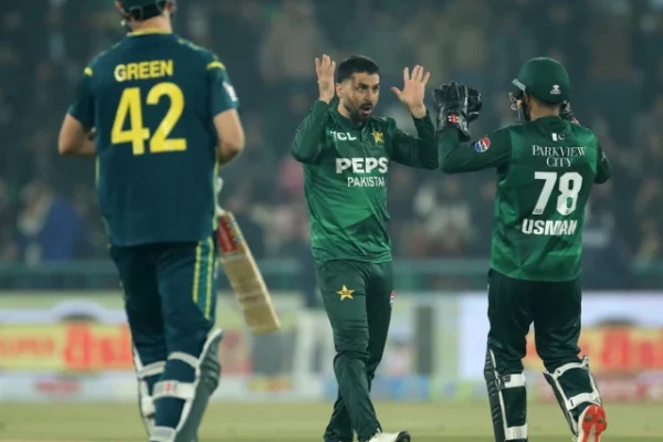 pakistan spinner abrar ahmed celebrates after dismissing australia s josh inglis during the second t20 at gaddafi stadium lahore on saturday photo x pcb