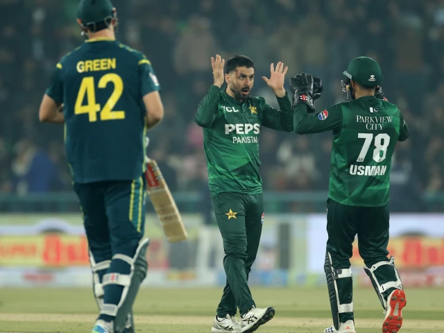 pakistan spinner abrar ahmed celebrates after dismissing australia s josh inglis during the second t20 at gaddafi stadium lahore on saturday photo x pcb
