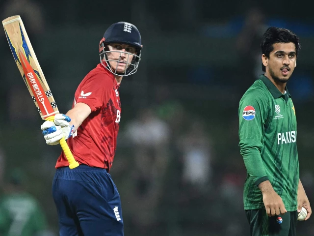 england captain harry brook l celebrates his half century 50 runs as pakistan s saim ayub r looks on during the 2026 icc men s t20 cricket world cup super eights match between england and pakistan at the pallekele international cricket stadium in kandy on february 24 2026 photo afp