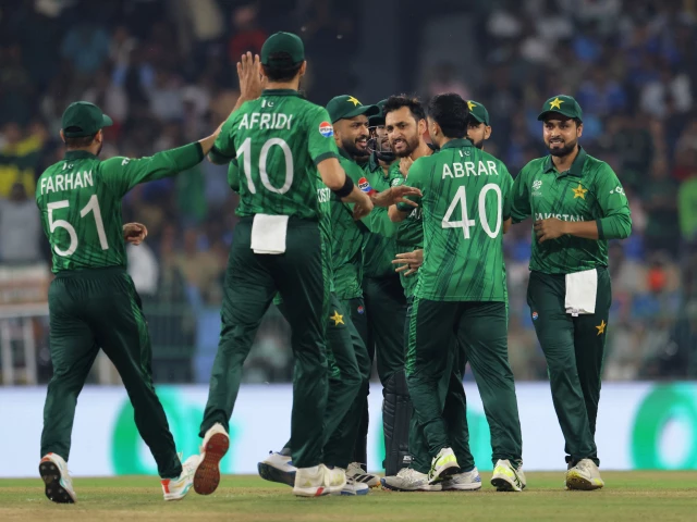 pakistan s salman ali agha celebrates with teammates after dismissing india s abhishek sharma at the r premadasa international cricket stadium in colombo on february 15 2026 photo reuters