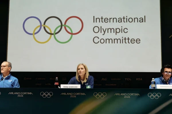 milano cortina 2026 winter olympics   press visit at the olympic and paralympic athletes village   milan italy   february 1 2026 ioc communications director mark adams ioc president kirsty coventry and ioc olympic games executive director christophe dubi during a press conference photo reuters