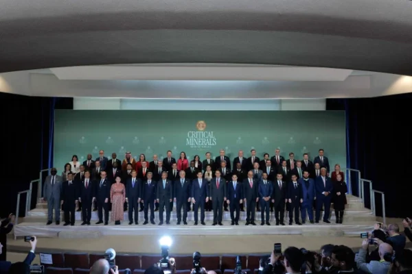 us secretary of state marco rubio poses for a family photo with the 55 government officials who were invited to the first critical minerals ministerial in washington dc on february 04 2026 photo afp