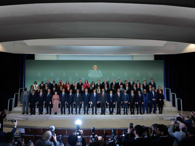 us secretary of state marco rubio poses for a family photo with the 55 government officials who were invited to the first critical minerals ministerial in washington dc on february 04 2026 photo afp
