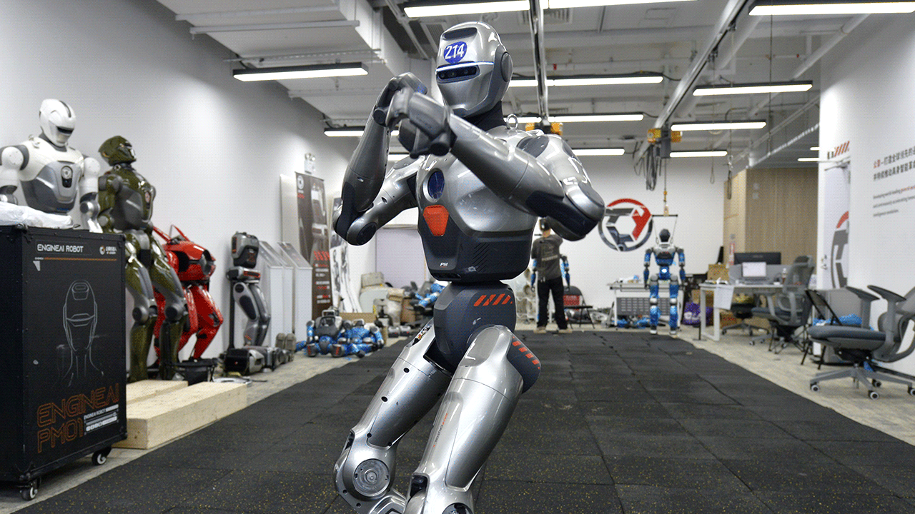 An EngineAI PM01 humanoid robot stands in a fighting stance.