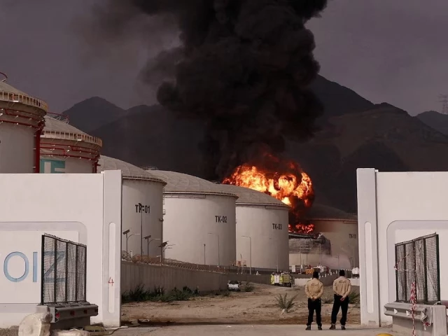 fire and smoke rise in the fujairah oil industry zone caused by debris after interception of a drone by air defences amid the us israel conflict with iran in fujairah united arab emirates on march 4 2026 photo reuters