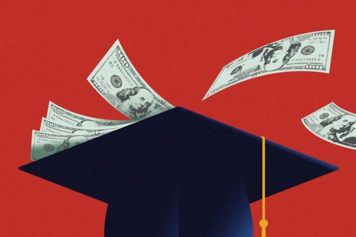 Illustration of a money flying off a graduation cap.