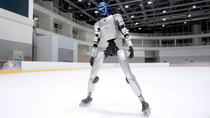 Unitree G1 humanoid robot ice skates and rollerblades