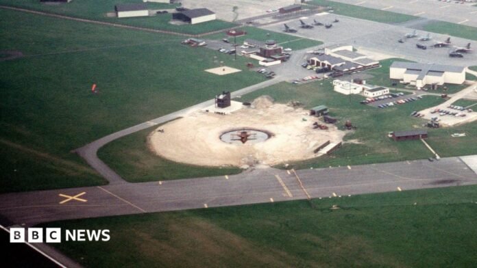 An aerial view of a fire pit at former RAF Upper Heyford in 1989.