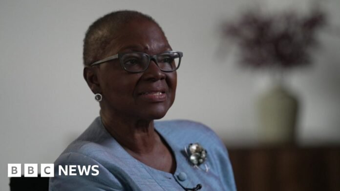 Baroness Amos speaking during interview, looking to the right
