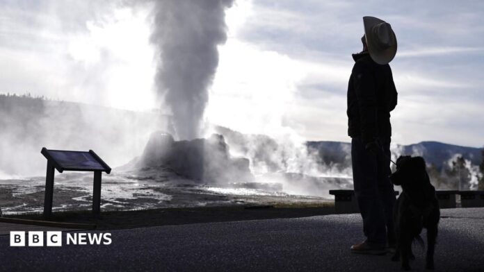 A man is a cowboy hat and his dog are silhouetted in front of the steam coming from the Castle Geyser in Yellowstone National Park, Wyoming. 