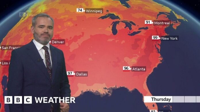 Ben Rich standing in front of a weather map of the US showing the heat