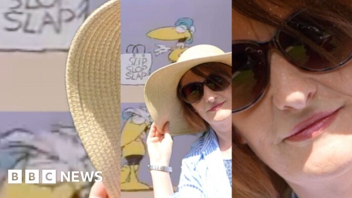 BBC Presenter Jane Wilkinson to the right of screen wearing sunglasses and a large summer hat.