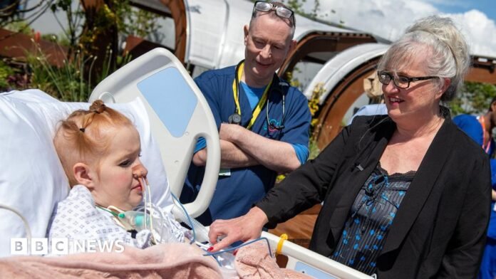 Hollie, 29, a patient at King's College Hospital, is wheeled onto the new rooftop intensive care unit in south London in her hospital bed, surrounded by three nurses dressed in blue uniforms.
