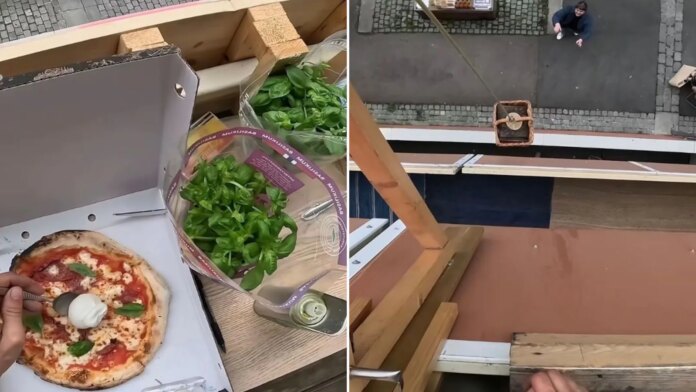 Norwegian Man Runs A Viral Pizza Business Delivering Orders In A Basket From His Balcony