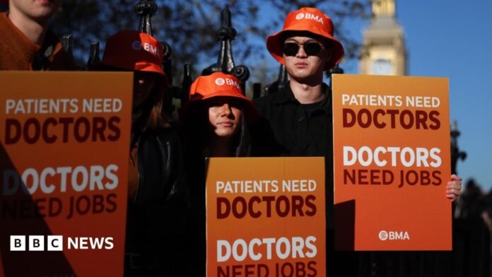 Resident doctors at a picket outside St. Thomas' Hospital in London.