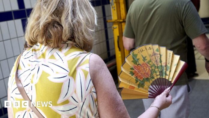 A lady in a white and yellow patterned dress enters a London Underground station with an oriental fan in her hand