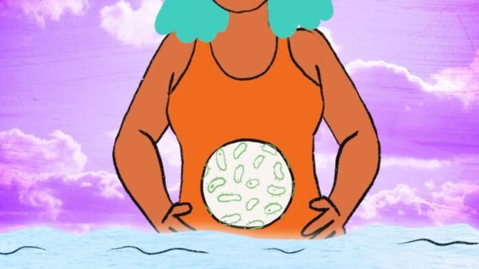 An illustration of a woman with microorganisms in her stomach area