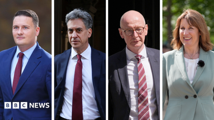Wes Streeting, Ed Miliband, Pat McFadden and Rachel Reeves all wearing suits and looking serious 
