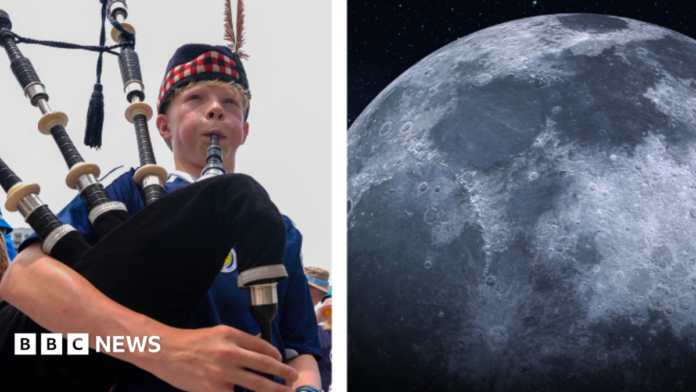 Composite image. On the left is a young man playing the bagpipes, on the right is the moon.