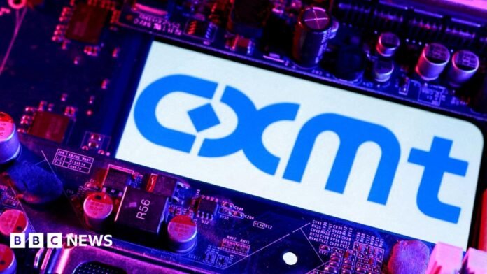  CXMT logo and computer motherboard are seen in this illustration.