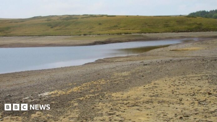  Llyn Aled Isaf in Conwy. The banks of the lake are dried up, the nearest bank is sandy with pebbles on, the bank in the distance is green, with a hill rising up behind it. 