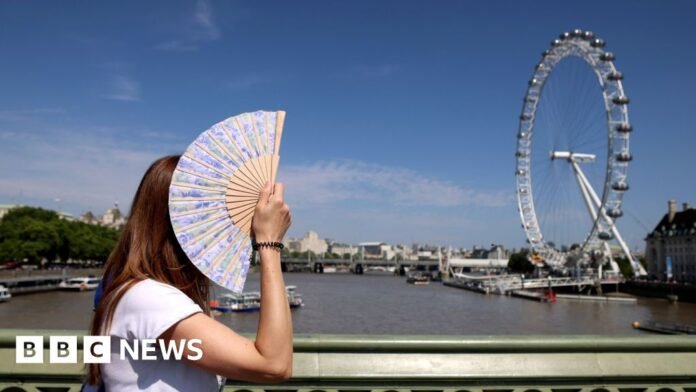 A woman with her face covered by her hand-held fan, with the River Thames and London Eye in the background