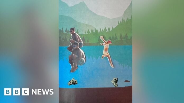 A cut-out diorama of children jumping into a lake. There are amoebae underneath them.