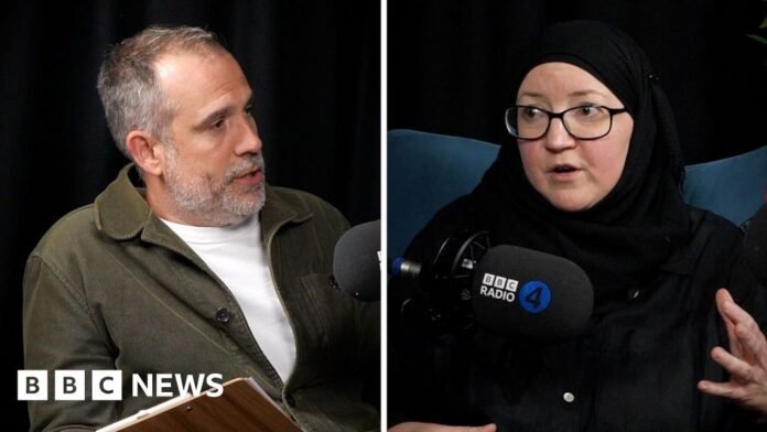 Left, a man in a green jacket holds a clipboard. Right, a woman with glasses wearing a hijab. 