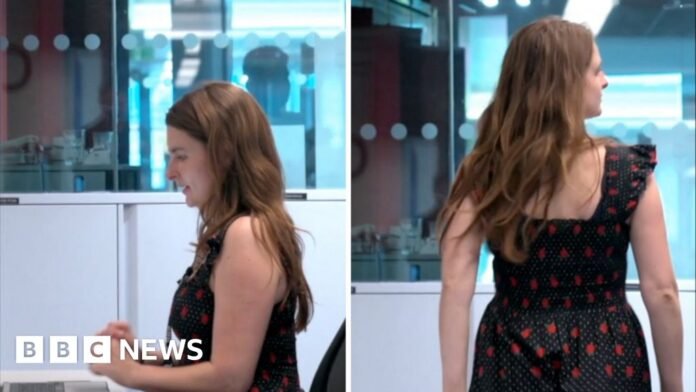 Splitscreen. Left, a woman sitting down. Right, the same woman standing up and going for a walk.