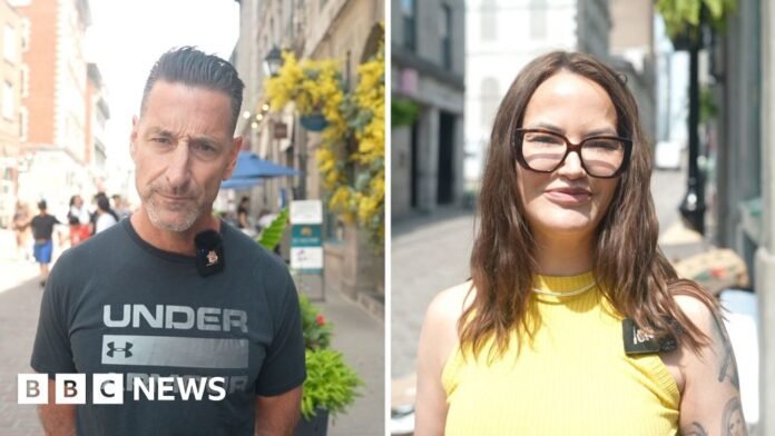 A split screen of a man wearing an under armour t-shirt on the left and a woman wearing a yellow vest on the right