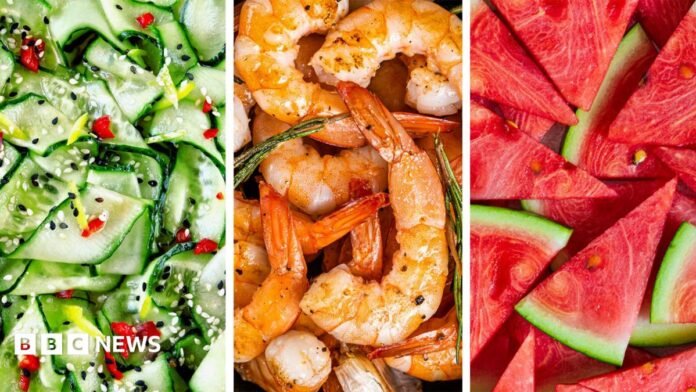 Three-way split of foods. First pic is cucumber, second is prawns and third is watermelon 
