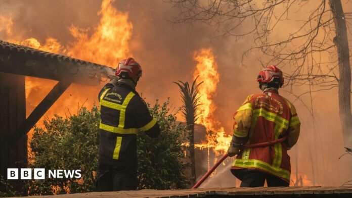A firefighting crew deployed to battle a wildfire spreading in Lege-Cap-Ferret, south western France, late 24 July 2026.