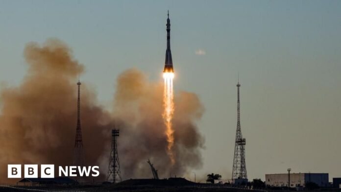 The Soyuz-2.1a booster rocket with the Soyuz MS-29 spacecraft lifts off from the launch pad at the Baikonur Cosmodrome, Kazakhstan,