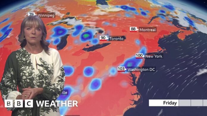 Louise Lear in front of a BBC Weather map showing extreme heat in North America