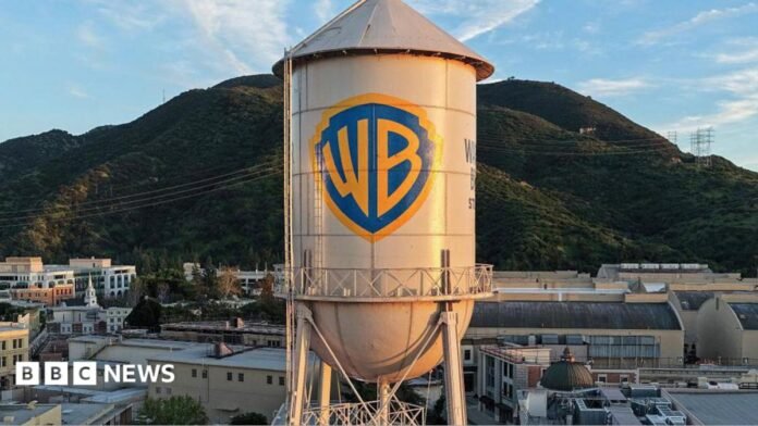 In an aerial view, the Warner Bros. logo is displayed on the water tower at Warner Bros. Studio in Burbank, California. 