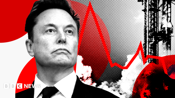 Stylised image showing Elon Musk looking up with a rocket behind him to the right and a red line like that of a share price chart, against a red, black and white background